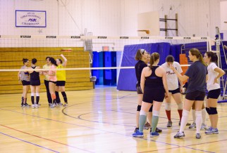 timeout in women's volleyball game.